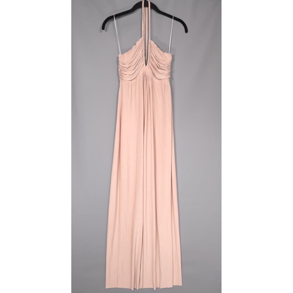 MISA LOS ANGELES Size L Anya Deep V Neck Ruched Halter‎ Maxi Dress Beige Pleated